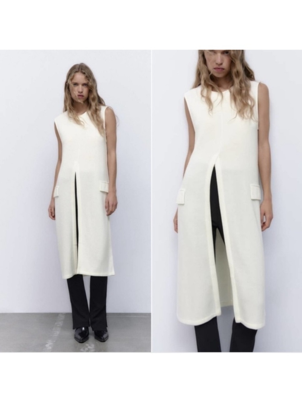 ZARA Sleeveless White Midi Split-Front Dress - Picture 5 of 8